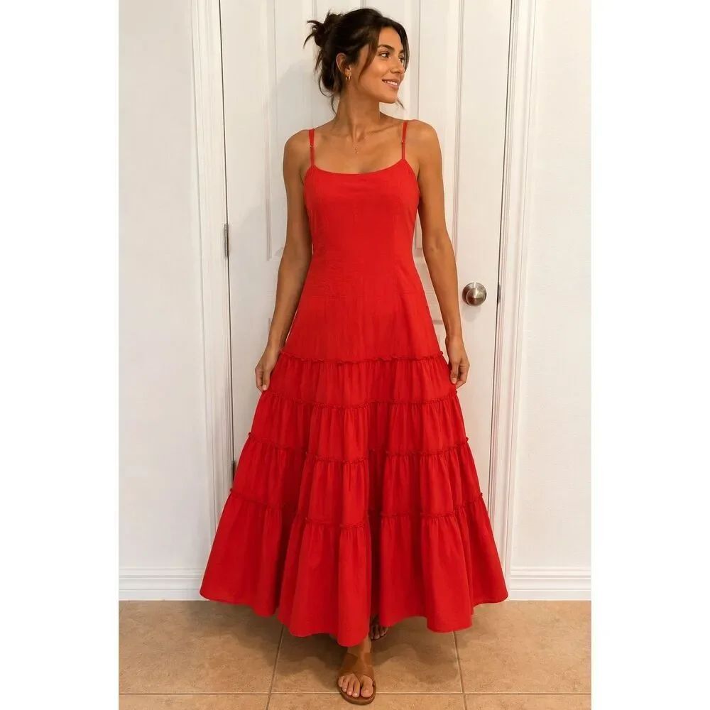 Promod Red Cotton Tiered Maxi Dress Adjustable Spaghetti Strap EU 38/US 6 Lined